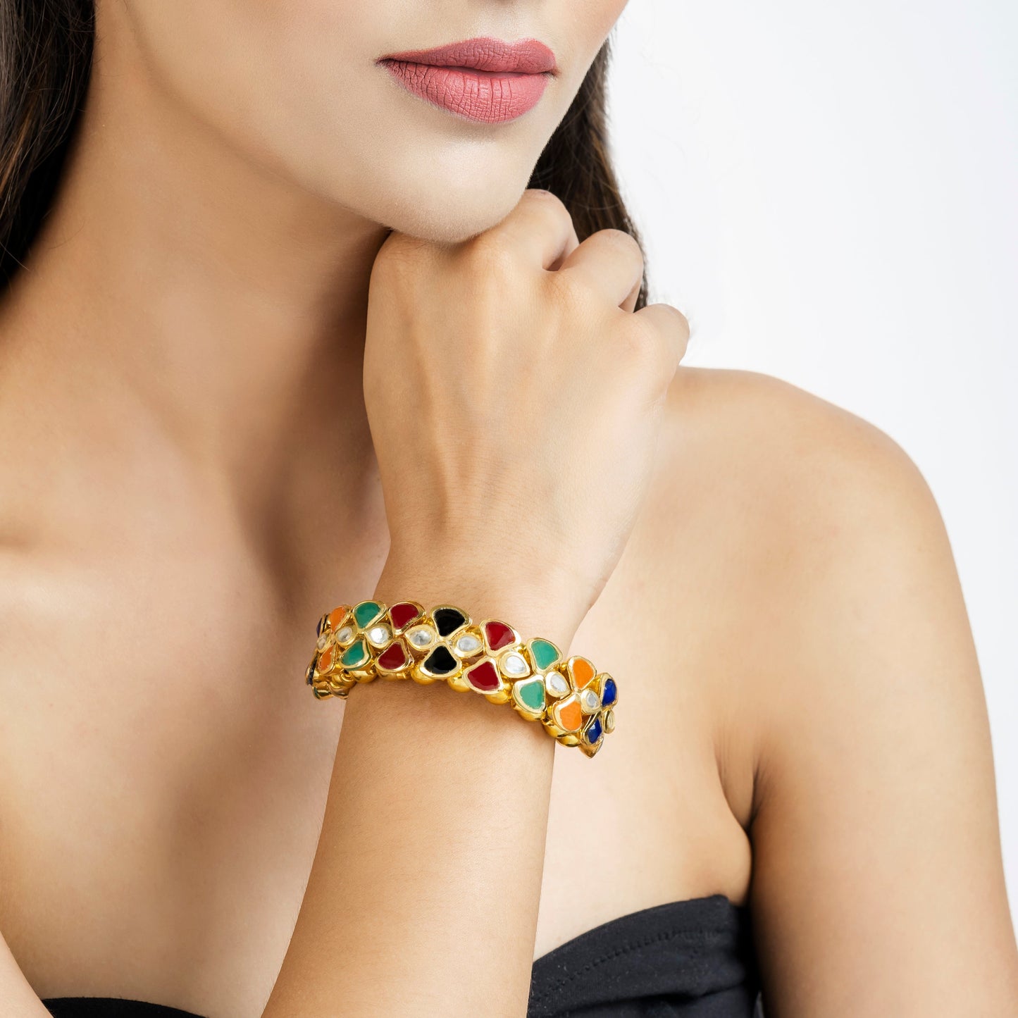 Handcrafted Multi-Color Kundan Bracelet - Kundan Bracelet - Dainty Kundan Bracelet - Danish Jewellers® 