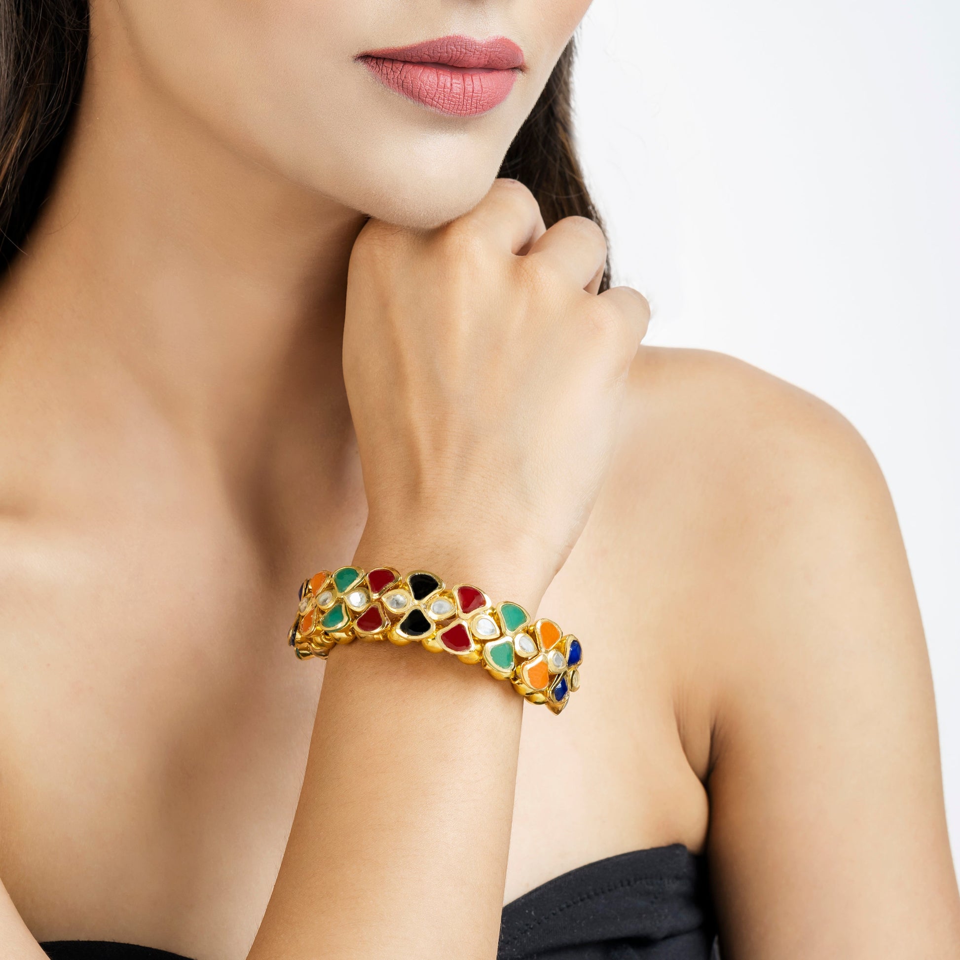Handcrafted Multi-Color Kundan Bracelet - Kundan Bracelet - Dainty Kundan Bracelet - Danish Jewellers® 