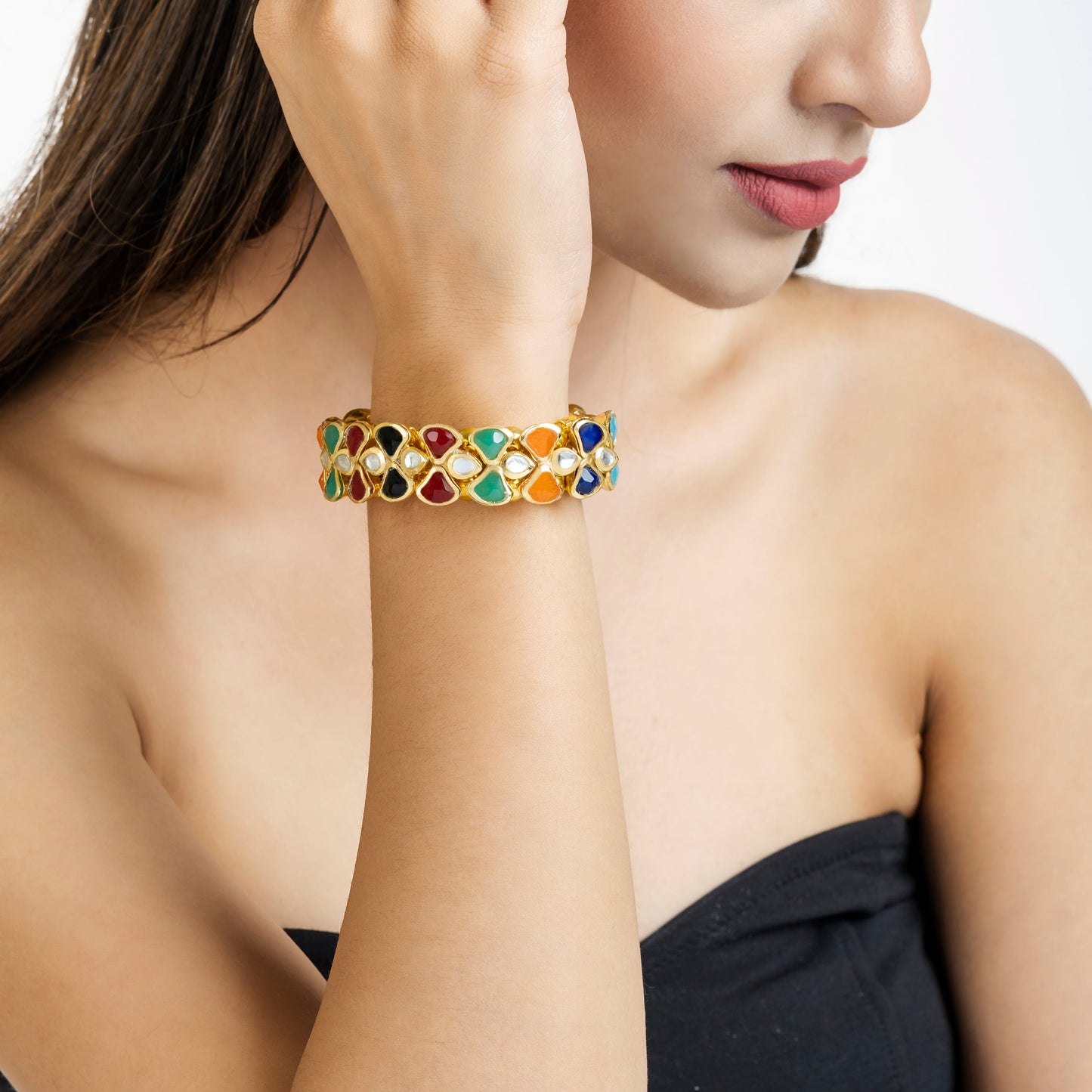 Handcrafted Multi-Color Kundan Bracelet - Kundan Bracelet - Dainty Kundan Bracelet - Danish Jewellers® 