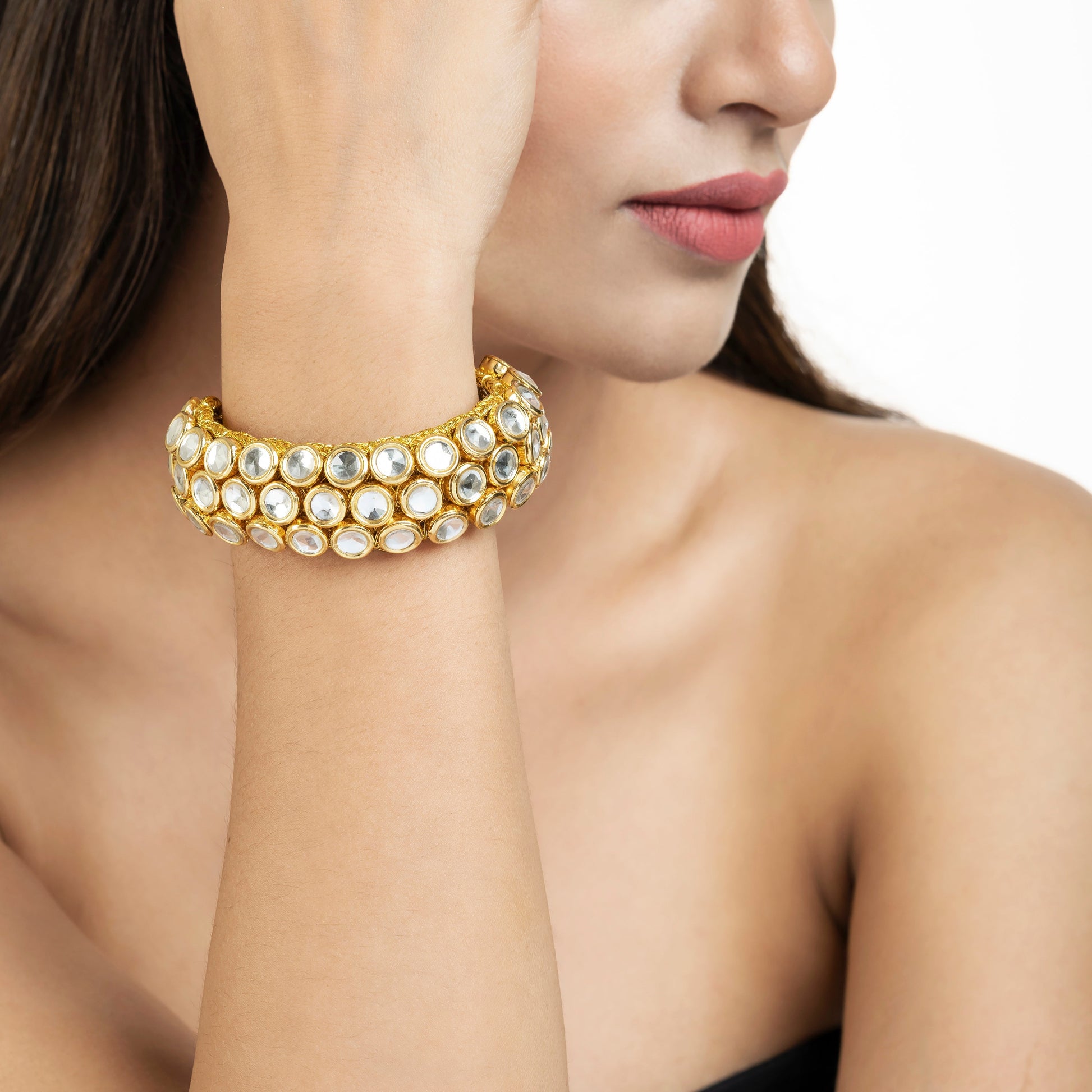 Indian Bracelet - Handmade Bracelet - 22K Gold Plated Kundan 3 Line Bracelet - Danish Jewellers® 