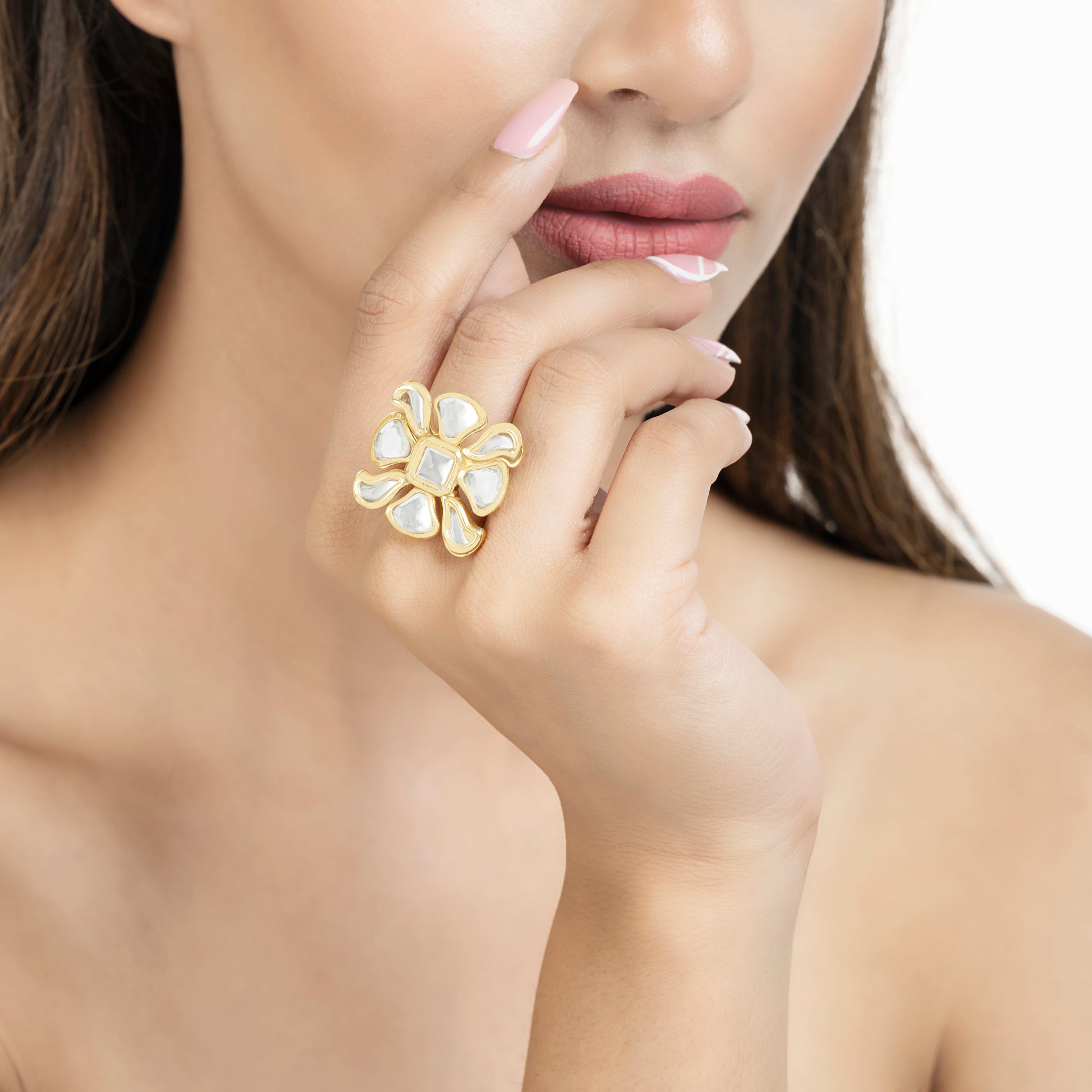 Indian Kundan Ring - Kundan Meena Ring - 22K Gold Plated Ring - Danish Jewellers® 